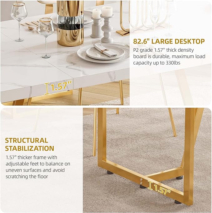 DWVO 82.6'' Large Modern Dining Table for 8-10 People, Rectangular White Kitchen Dining Room Table with Faux Marble Tabletop and Geometric Gold Metal Legs, Wood Dinner Tables for Family Gathering - LeafyLoom