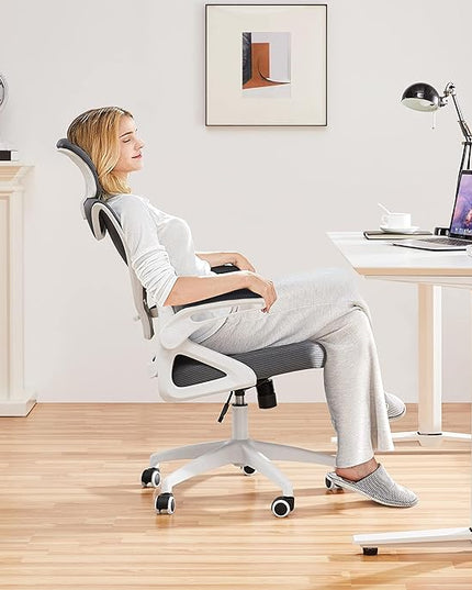 Yaheetech Ergonomic Mesh Office Chair, High Back Desk Chair with with flip-up Armrests, Adjustable Padded Headrest Computer Chair with Lumbar Support for Home Oiffce Game Room, White/Gray - LeafyLoom