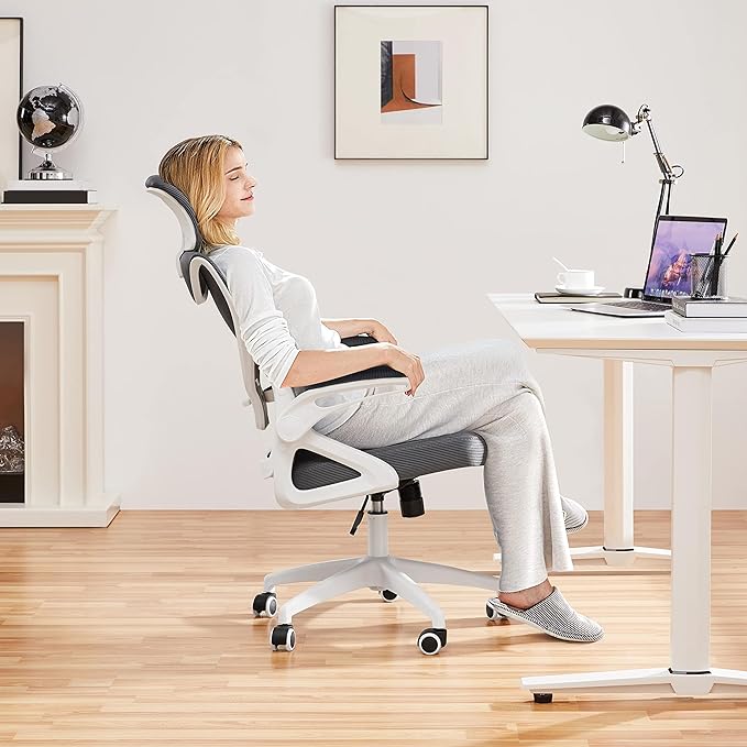 Yaheetech Ergonomic Mesh Office Chair, High Back Desk Chair with with flip-up Armrests, Adjustable Padded Headrest Computer Chair with Lumbar Support for Home Oiffce Game Room, White/Gray - LeafyLoom