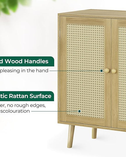 Buffet Cabinet with Storage, Storage Cabinet with PE Rattan Decor Doors, Accent Cabinet with Solid Wood Feet, Sideboard Cabinet for Hallway, Entry, Living Room, Natural - LeafyLoom