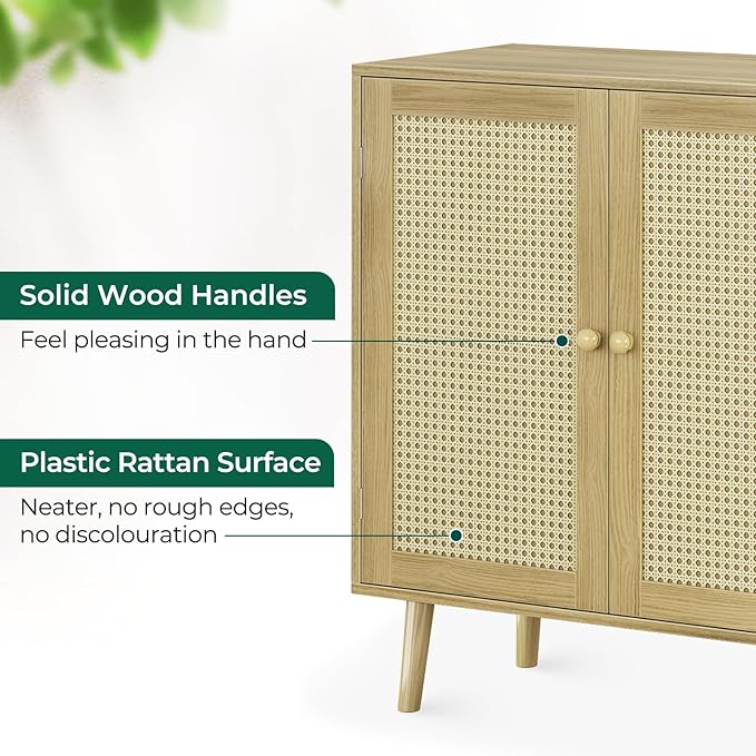 Buffet Cabinet with Storage, Storage Cabinet with PE Rattan Decor Doors, Accent Cabinet with Solid Wood Feet, Sideboard Cabinet for Hallway, Entry, Living Room, Natural - LeafyLoom