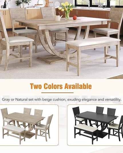 Dining Table Set for 6, Wood Half Round Dining Table Set with Upholstered Dining Chairs and Bench, Kitchen Table Set for Dining Room, Natural Wood - LeafyLoom