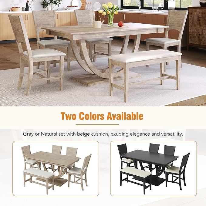 Dining Table Set for 6, Wood Half Round Dining Table Set with Upholstered Dining Chairs and Bench, Kitchen Table Set for Dining Room, Natural Wood - LeafyLoom
