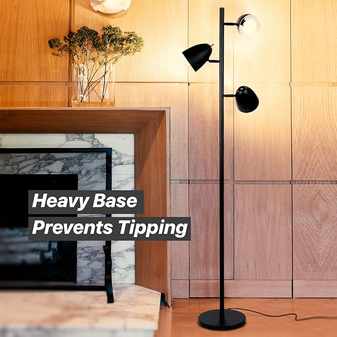 Brightech Jacob LED Standing Lamp, Modern Bright Floor Lamps for Living Rooms & Bedrooms, Tall LED Lighting Lamp with Adjustable 3 Light Tree – Classic Black - LeafyLoom