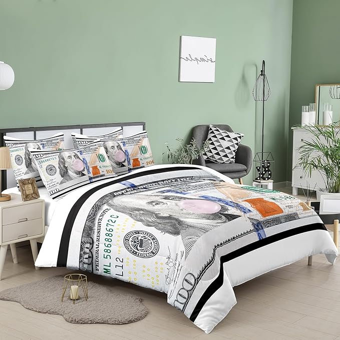 Tailor Shop Money Comforter Sets Queen Size Money Bedding Sets for Boys Kids Teens Money 100 Dollar Bill Comforter Sets Quilt Set All Season with 1 Comforter 2 Pillowcases…… - LeafyLoom