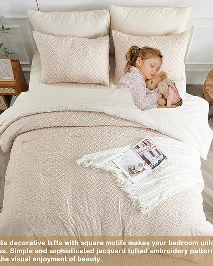 Twin Size Tufted Kids Comforter Set 6 Piece Beige Jacquard Tufts Embroidery Bedding Set for Boys Girls Bed in A Bag Quilt with 1 Comforter, 1 Flat Sheet, 1 Fitted Sheet, 1 Pillowcase and 2 Pillow Sham - LeafyLoom