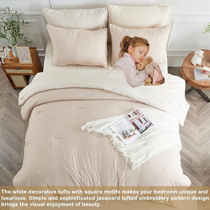 Twin Size Tufted Kids Comforter Set 6 Piece Beige Jacquard Tufts Embroidery Bedding Set for Boys Girls Bed in A Bag Quilt with 1 Comforter, 1 Flat Sheet, 1 Fitted Sheet, 1 Pillowcase and 2 Pillow Sham - LeafyLoom