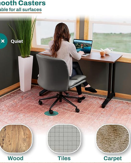 Criss Cross Chair with Wheels - Cross Legged Office Chair, Wide Armless Desk Chair Comfy Swivel Vanity Chair for Home Office, PU Leather - Grey - LeafyLoom