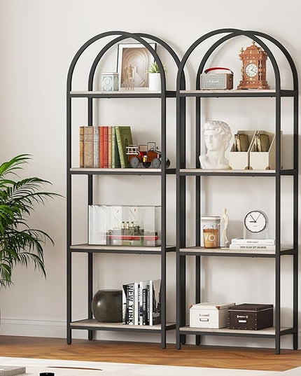 Yusong Bookshelf 4 Tier Arched Bookcase, 71.3" Tall Industrial Open Book Shelves for Living Room, Modern Freestanding Display Shelving Storage Rack Metal Frame, Office, Bedroom, Grey - LeafyLoom