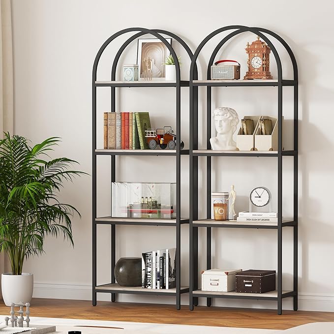 Yusong Bookshelf 4 Tier Arched Bookcase, 71.3" Tall Industrial Open Book Shelves for Living Room, Modern Freestanding Display Shelving Storage Rack Metal Frame, Office, Bedroom, Grey - LeafyLoom