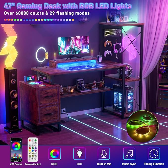 Computer Desk with 2 Fabric Drawers - Reversible Home Office Desk with Power Outlet & LED Lights, 53" Writing Desk with Monitor Stand & Storage Shelves, Gaming Desk with Pegboard, Rustic Brown - LeafyLoom