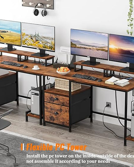 Furologee Computer Desk with Drawer and Power Outlets, 47" Office Desk with 2 Monitor Stands and Fabric File Cabinet, Writing Gaming Table with Shelves and 2 Hooks for Home Office, Rustic Brown - LeafyLoom