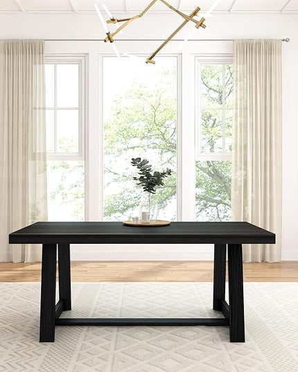 Plank+Beam 72 Inch Farmhouse Dining Table, Solid Wood Rustic Kitchen Table, Large Wooden Rectangular Dinner Table for Dining Room, Home Office, Living Room Furniture, Easy Assembly, Black Wirebrush - LeafyLoom