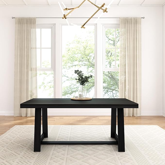 Plank+Beam 72 Inch Farmhouse Dining Table, Solid Wood Rustic Kitchen Table, Large Wooden Rectangular Dinner Table for Dining Room, Home Office, Living Room Furniture, Easy Assembly, Black Wirebrush - LeafyLoom