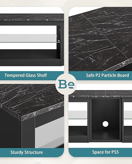 Bestier TV Stand for 70 inch TV, Gaming Entertainment Center for PS5, LED TV Cabinet with Glass Shelves for Living Room, 63'' Inch, Black Marble - LeafyLoom