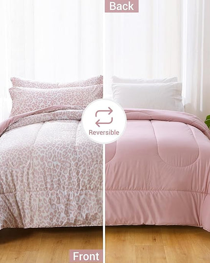 Printed Queen Bedding Sets with Comforter and Sheets, 7 Piece Bed in A Bag Comforter Set with Fluffy Microfiber, Stylish Pink Leopard Pattern - LeafyLoom