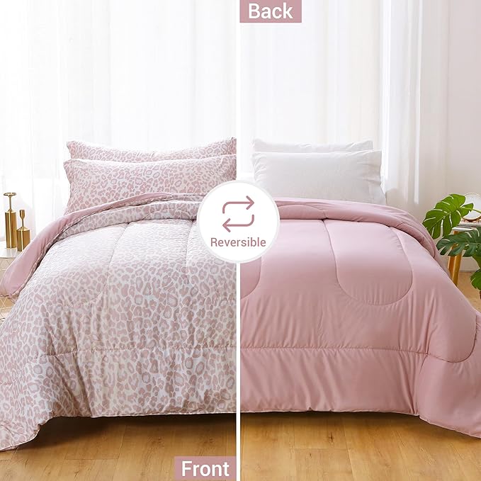 Printed Queen Bedding Sets with Comforter and Sheets, 7 Piece Bed in A Bag Comforter Set with Fluffy Microfiber, Stylish Pink Leopard Pattern - LeafyLoom