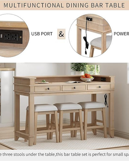 NicBex Kitchen Table Chairs Set of 4 Dining Table Set 4-Piece Dining Bar Table Set with 3 Upholstered Stools, Multifunctional Dining Table with 3 Drawers, Natural Wood Wash - LeafyLoom