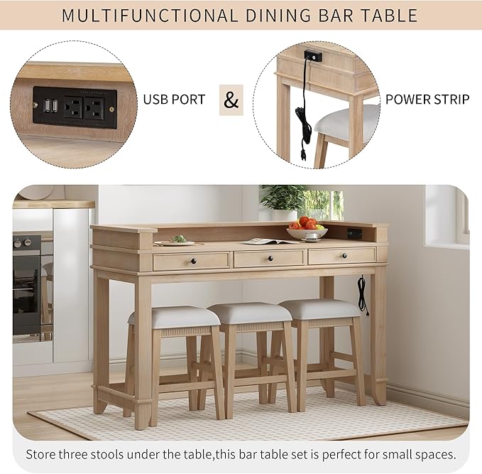 NicBex Kitchen Table Chairs Set of 4 Dining Table Set 4-Piece Dining Bar Table Set with 3 Upholstered Stools, Multifunctional Dining Table with 3 Drawers, Natural Wood Wash - LeafyLoom