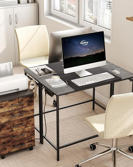 HOOBRO Computer Desk, Home Office Desk with Power Outlet, Modern Study Writing Desk with 3 Hooks for Study Room, Home Office, Sturdy and Stable, Easy to Assemble, Charcoal Gray and Black BC41UDN01 - LeafyLoom