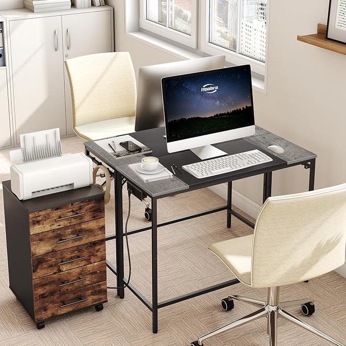 HOOBRO Computer Desk, Home Office Desk with Power Outlet, Modern Study Writing Desk with 3 Hooks for Study Room, Home Office, Sturdy and Stable, Easy to Assemble, Charcoal Gray and Black BC41UDN01 - LeafyLoom