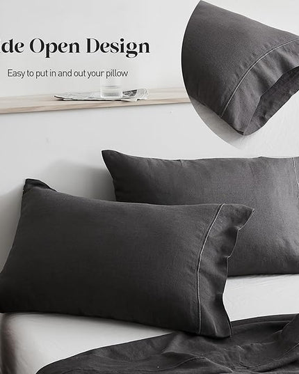 Simple&Opulence 100% Washed Linen Sheet Set-King Size-Natural France Flax Bed Sheet-4 Pcs Breathable,Ultra Soft,Farmhouse Bedding (1 Flat Sheet,1 Fitted Sheet,2 Pillowcases)-Embroidery Dark Grey - LeafyLoom