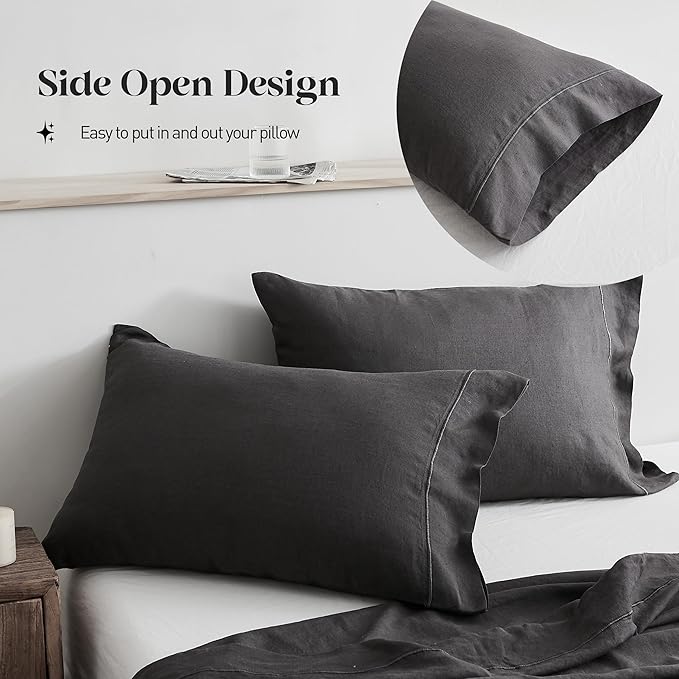 Simple&Opulence 100% Washed Linen Sheet Set-King Size-Natural France Flax Bed Sheet-4 Pcs Breathable,Ultra Soft,Farmhouse Bedding (1 Flat Sheet,1 Fitted Sheet,2 Pillowcases)-Embroidery Dark Grey - LeafyLoom