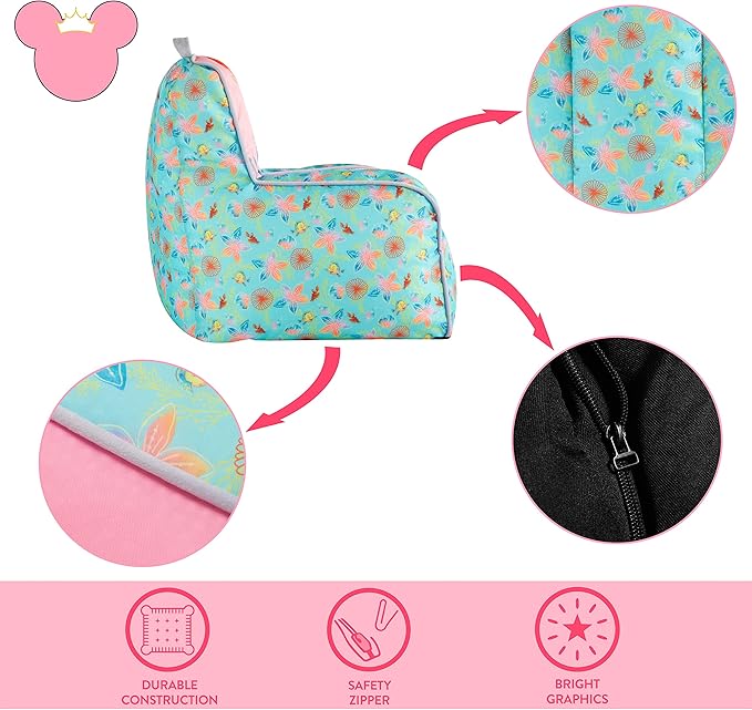 Idea Nuova Disney Little Mermaid Kids and Toddler Canvas Bean Bag Chair with Piping & Top Carry Handle - LeafyLoom