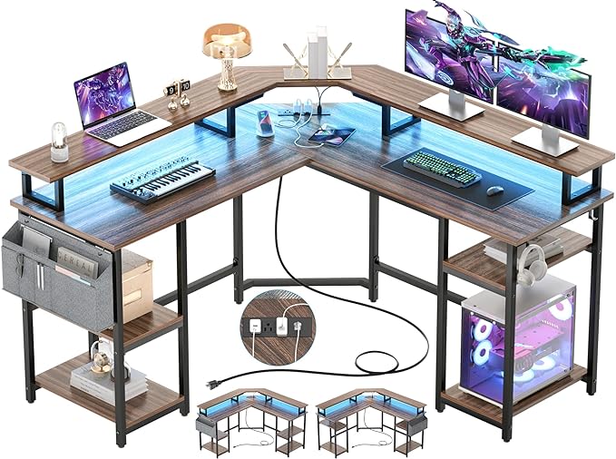Aheaplus L Shaped Gaming Desk with Power Outlets & LED Lights, L- Shaped Desk Computer Corner Desk with Monitor Stand and Storage Shelf, Home Office Desk Writing Desk with Storage Bag, Espresso - LeafyLoom