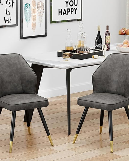Faux Leather Dining Chairs Set of 2, Grey Mid Century Modern Kitchen Dining Room Chairs Upholstered Armless Accent Side Chairs with Metal Legs - LeafyLoom