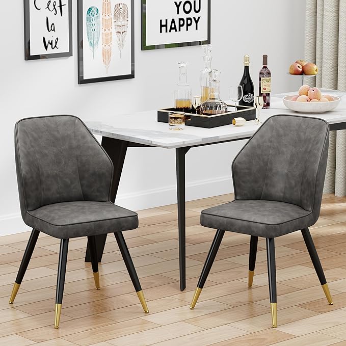 Faux Leather Dining Chairs Set of 2, Grey Mid Century Modern Kitchen Dining Room Chairs Upholstered Armless Accent Side Chairs with Metal Legs - LeafyLoom