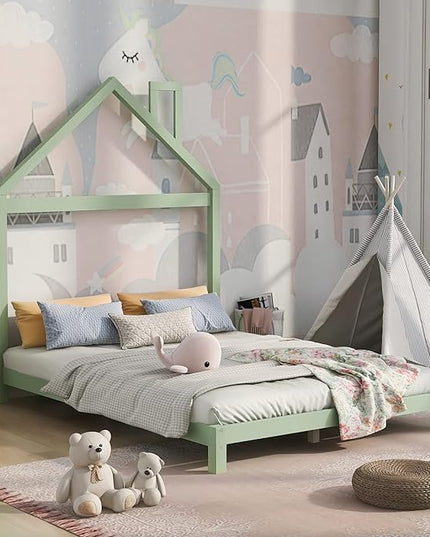 Jintop Full Size Wood Platform Chimney and House-Shaped Headboard,Bedroom Furniture Bed Frame W/ 10 Slat Support,Easy to Install,for Teens Kids Girls Boys,Green - LeafyLoom