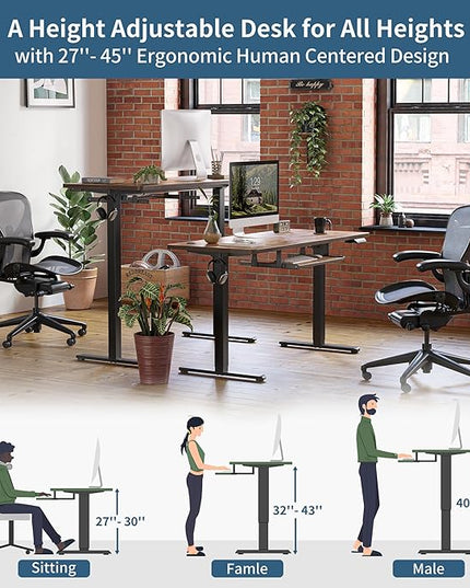 BANTI 48" x 24" Height Adjustable Electric Standing Desk with Keyboard Tray, Sit Stand up Desk with Splice Board, Black Frame/Rustic Brown Top - LeafyLoom