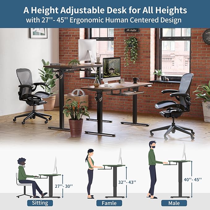 BANTI 48" x 24" Height Adjustable Electric Standing Desk with Keyboard Tray, Sit Stand up Desk with Splice Board, Black Frame/Rustic Brown Top - LeafyLoom
