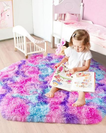 junovo Ultra Soft Hexagon Rug Fluffy Rainbow Nursery Rug for Princess Tent Kids Play Castle, Furry Hexagonal Carpet for Kids Girls Room Playhouse Classroom Dorm Home Decor, 4.6ft Tie-Dye Hot-Pink - LeafyLoom