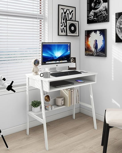 Small Computer Desk, Bureau de Travail, 31.5inch White Desk, Bureau Gaming Desk, Study Table, Sit Stand Desk with Drawers, Wood Dressing Desk with Metal Frame, for Bedroom, Livingroom, Office - LeafyLoom
