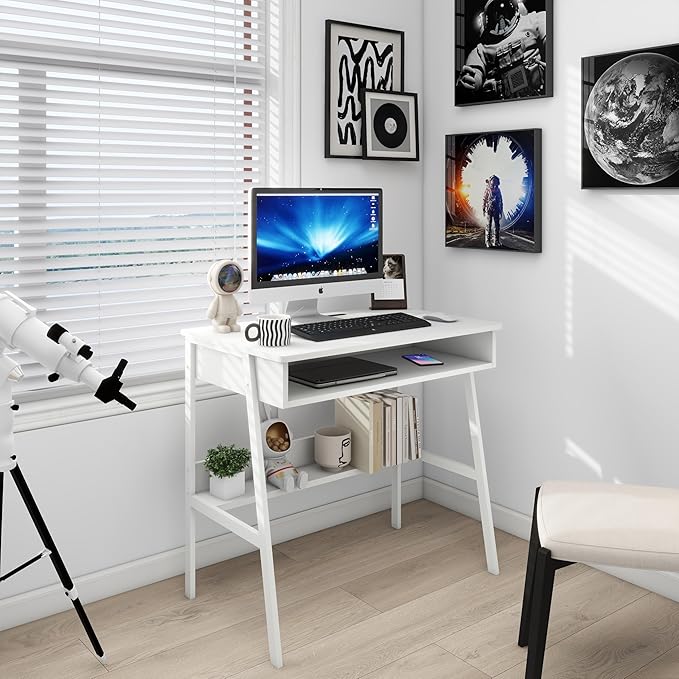 Small Computer Desk, Bureau de Travail, 31.5inch White Desk, Bureau Gaming Desk, Study Table, Sit Stand Desk with Drawers, Wood Dressing Desk with Metal Frame, for Bedroom, Livingroom, Office - LeafyLoom