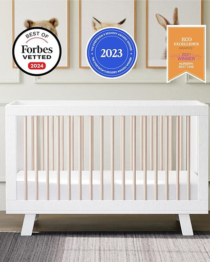 Babyletto Hudson 3-in-1 Convertible Crib with Toddler Bed Conversion Kit in White and Washed Natural, Greenguard Gold Certified - LeafyLoom