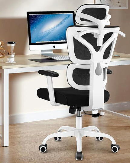 Office Chair Ergonomic Desk Chair, High Back Gaming Chair, Big and Tall Reclining chair Comfy Home Office Desk Chair Lumbar Support Breathable Mesh Computer Chair Adjustable Armrests (White) - LeafyLoom