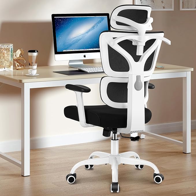 Office Chair Ergonomic Desk Chair, High Back Gaming Chair, Big and Tall Reclining chair Comfy Home Office Desk Chair Lumbar Support Breathable Mesh Computer Chair Adjustable Armrests (White) - LeafyLoom