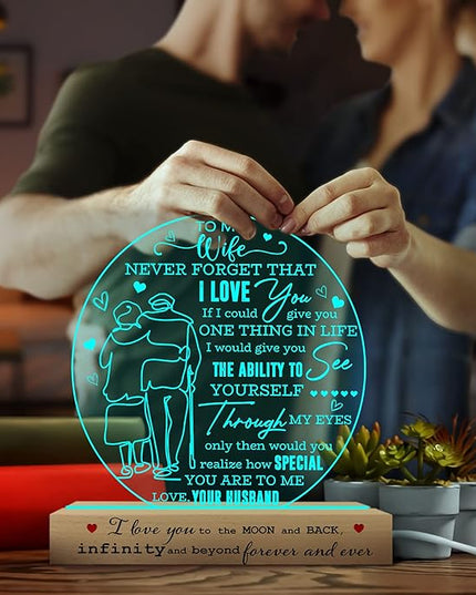 to My Wife 3D Illusion Lamp USB Powered, Wife Gifts from Husband, Gift for Her on Mothers Day Valentines Christmas, Wife Acrylic Night Light, Romantic Anniversary Wedding Gifts for Wife - LeafyLoom