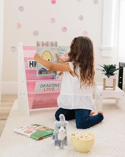 Wildkin Kids Canvas Sling Bookshelf for Boys and Girls, Wooden Design Features Four Fabric Shelves, Keep Bedrooms, Playrooms, and Classrooms Organized, Measures 25 x 24 x 11 Inches (White w/ Pink) - LeafyLoom