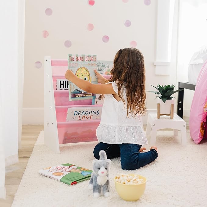 Wildkin Kids Canvas Sling Bookshelf for Boys and Girls, Wooden Design Features Four Fabric Shelves, Keep Bedrooms, Playrooms, and Classrooms Organized, Measures 25 x 24 x 11 Inches (White w/ Pink) - LeafyLoom