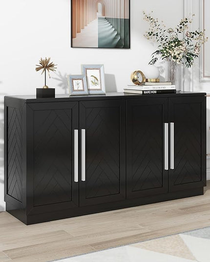 Wooden Sideboard with 4 Doors Large Storage Space,Buffet Cabinet,W/Adjustable Shelves and Silver Handles,Wear-Resistant Performance,for Kitchen,Dining Room,Hallway,Black, 60" - LeafyLoom
