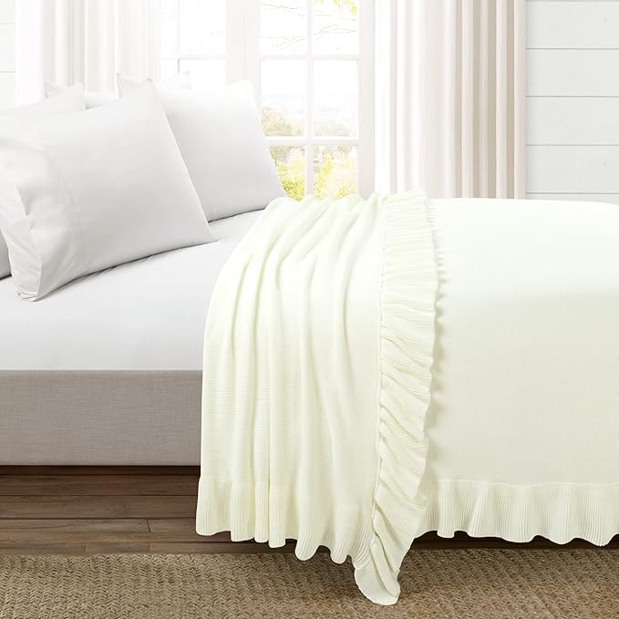 Lush Decor Reyna Soft Knitted Ruffle Throw Blanket, 104" W x 88" L, Ivory - Classic Ruffled Bedding - Knit Blanket - Cozy Oversized Blanket For Bed or Couch - Vintage, Minimalist & Cottage Home Decor - LeafyLoom