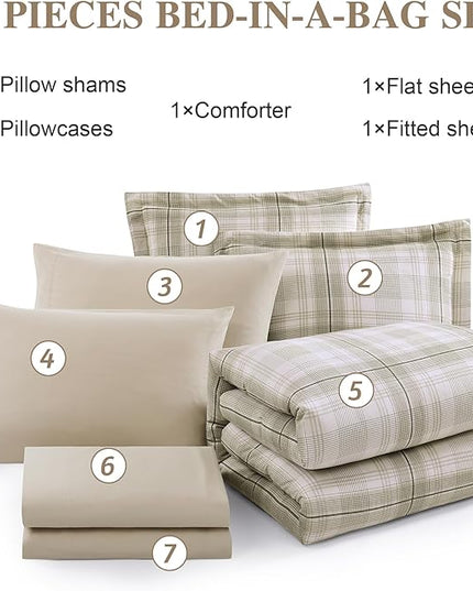 Beige King Size Comforter, Khaki Green Plaid King Comforter Set or Boys & Girls,Classic Homestead-style King Bedding Sets with King Size Bed Sheets and Comforter Sets - LeafyLoom
