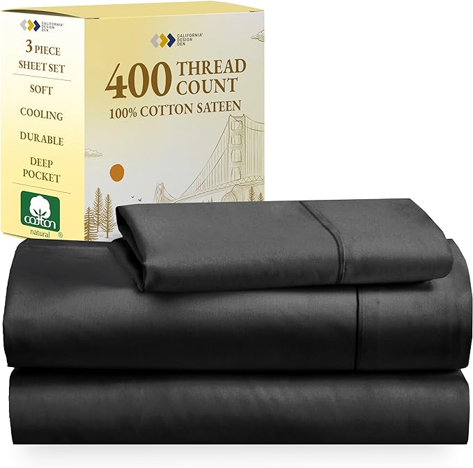 California Design Den Softest 100% Cotton Sheets, Twin XL Sheets Set, 3 Pieces, 400 Thread Count Sateen, Dorm Rooms & Adults, Deep Pocket Sheets, Cooling Sheets (Black) - LeafyLoom