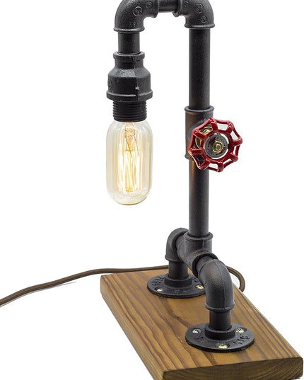 Loft Style Lamp with Dimmer, Dimmable Steampunk Industrial Vintage Antique Light, Wood Base with Iron Piping Desk Lamp, Y-Nut “Zhang Fei” Retro Desk Lamp LL-021 - LeafyLoom