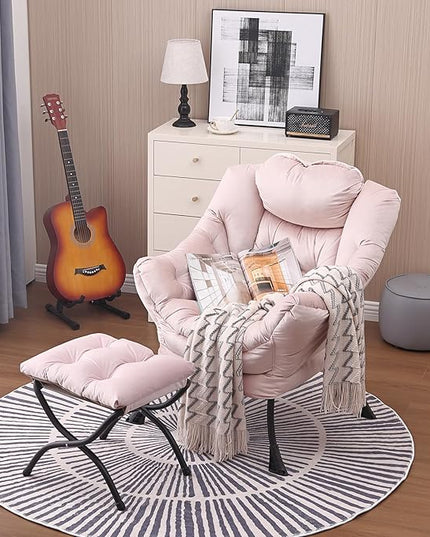 Lazy Chair and Ottoman, Large Accent Lounge Chair with Armrests and a Side Pocket, Modern Leisure Upholstered Sofa Reading Armchair with Footrest for Bedroom, Living Room, Dorm Rooms, Office - LeafyLoom