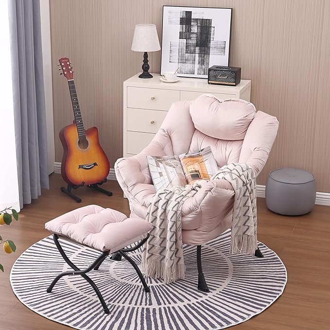 Lazy Chair and Ottoman, Large Accent Lounge Chair with Armrests and a Side Pocket, Modern Leisure Upholstered Sofa Reading Armchair with Footrest for Bedroom, Living Room, Dorm Rooms, Office - LeafyLoom